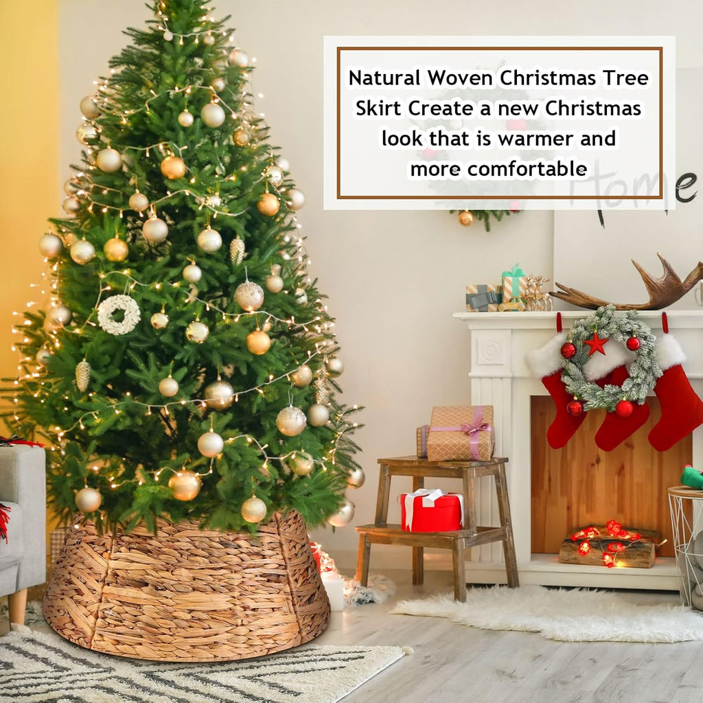 26 Inch Christmas Tree Collar Basket, Large Woven Hyacinth Rustic Christmas Tree Base Cover Skirt for Holiday