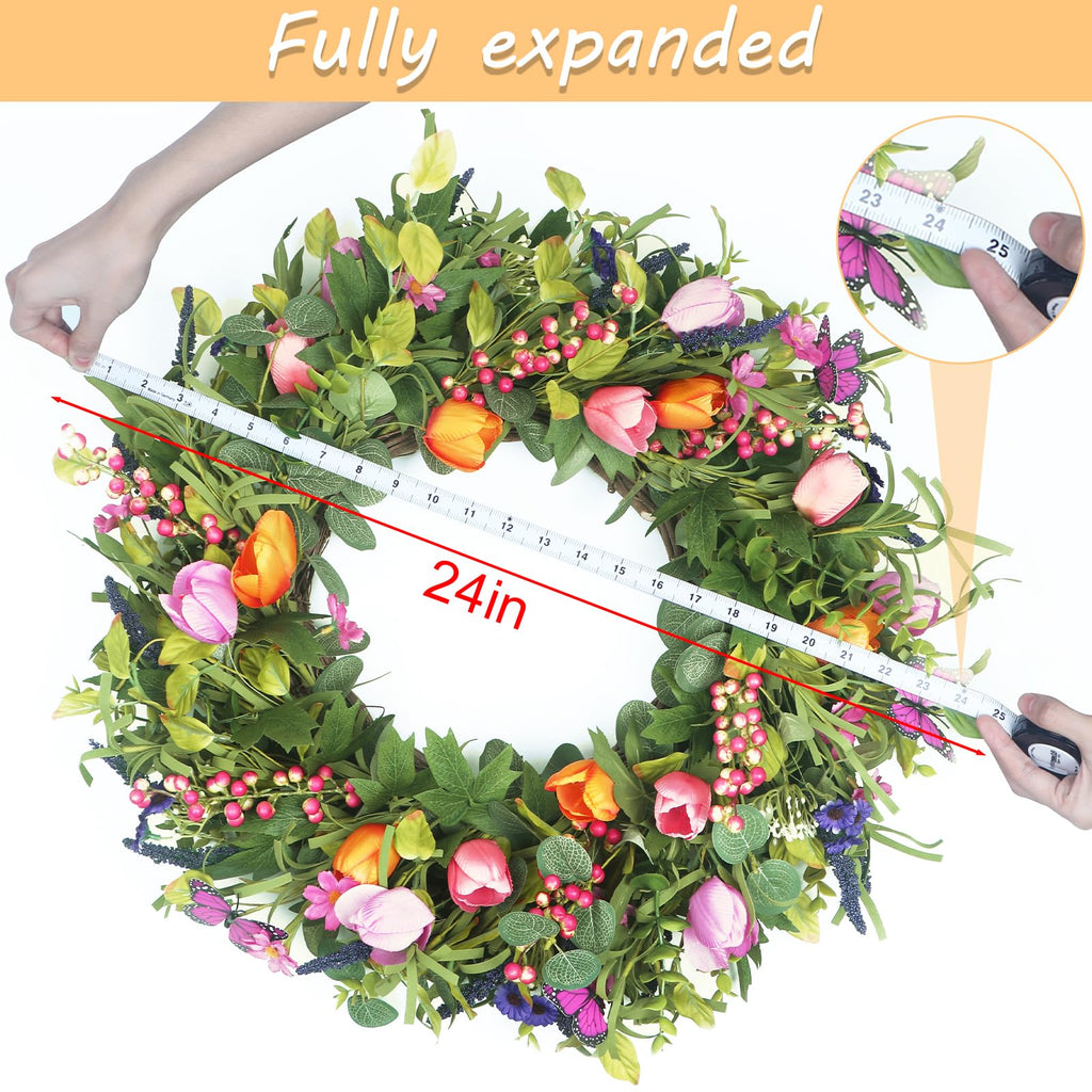 24" Wreaths for Front Door, Wreath with Tulip Wreath, Butterfly, Lavender and Eucalyptus, Vivid Artificial Floral for