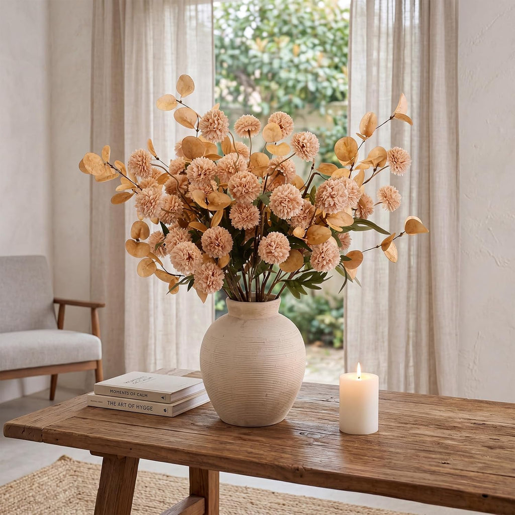 12 Stems of Artificial Flower with 7.5 Inch Rustic Ceramic Vase Vintage Vase Mums Kiku Eucalyptuses Floral
