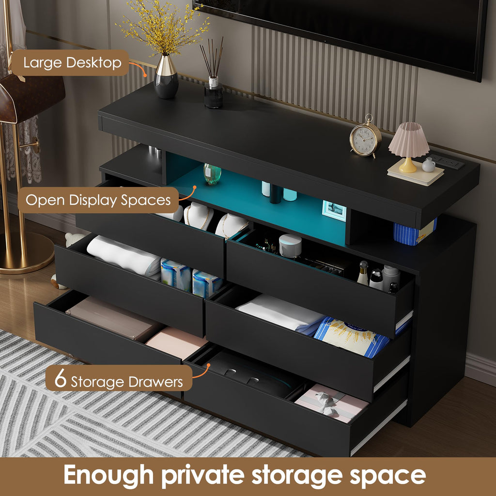 Black Dresser with Charging Station and LED Lights