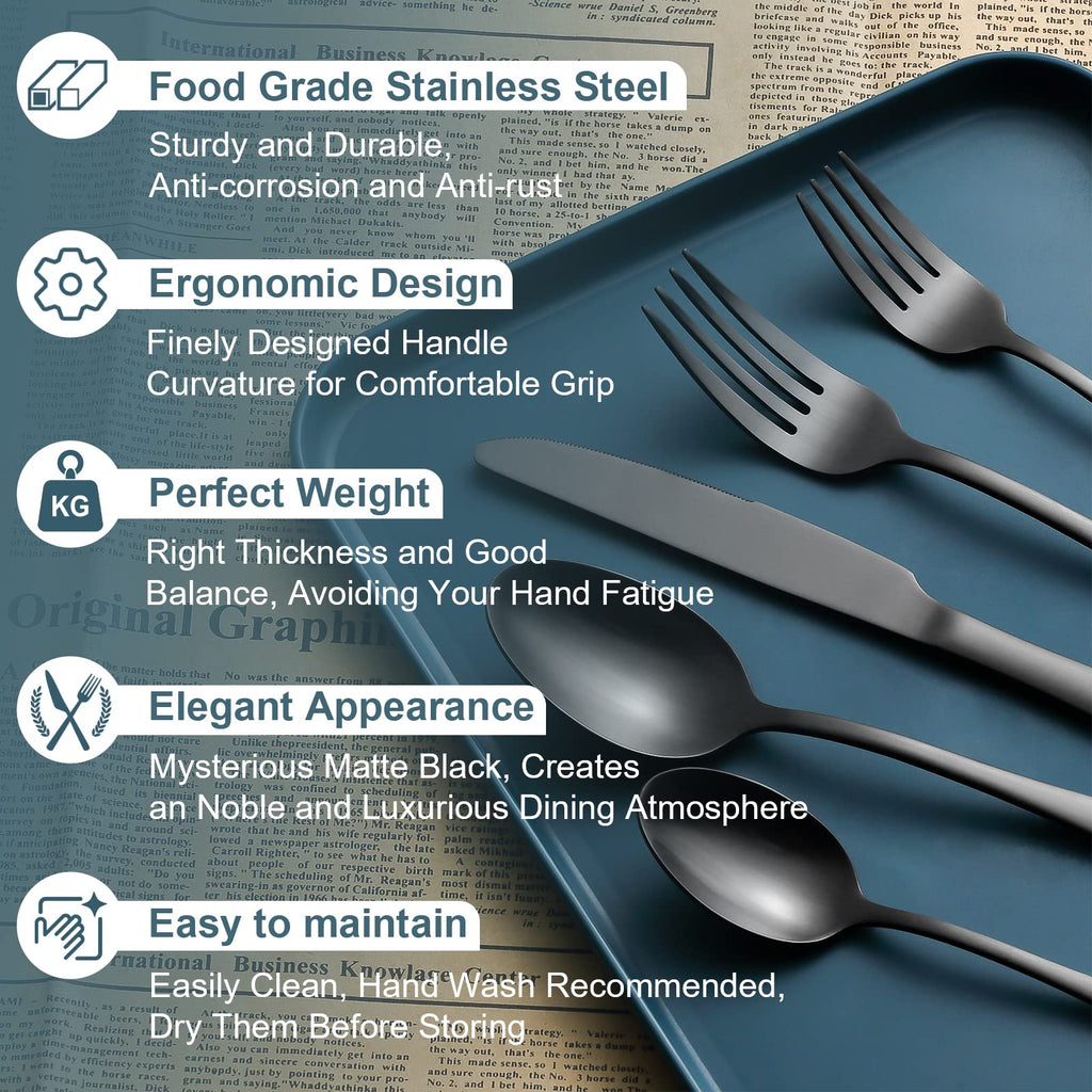 Matte Black Silverware Set for 4, Flatware Cutlery Set 20 Piece