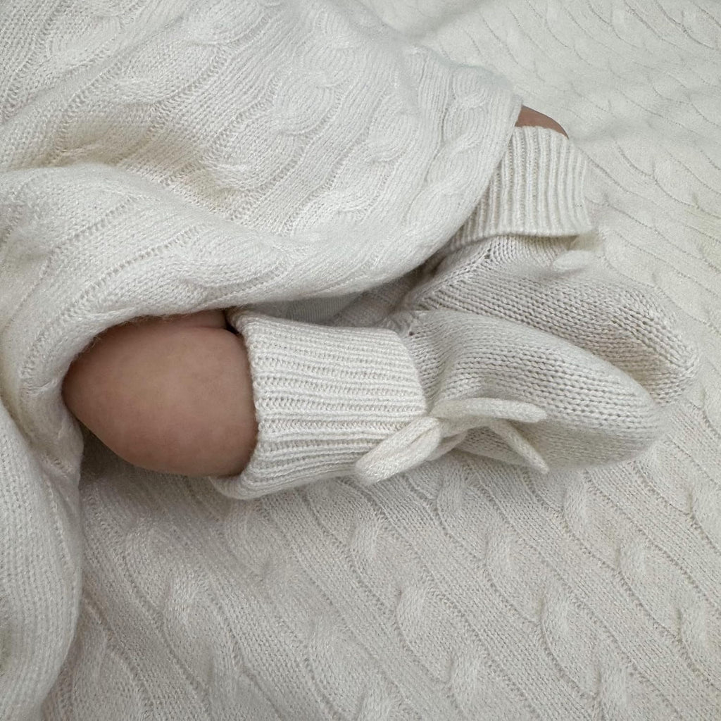 100% Cashmere Baby Blanket Gift Set Cable Knit 0-6 Months Cream