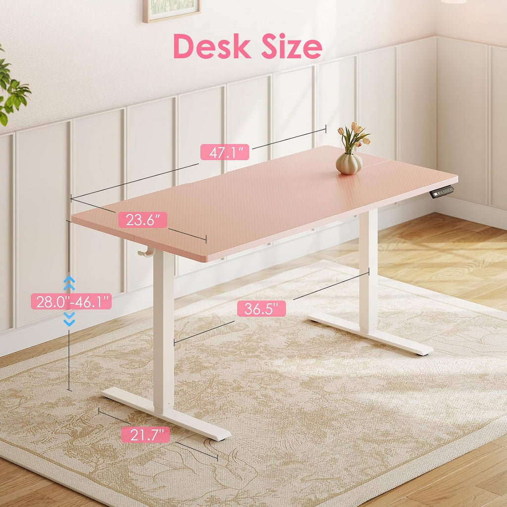 48" Pink Electric Standing Desk Height Adjustable | 3 Memory Presets, Rear Cable Notch, Dual Side Hooks, Stand Up