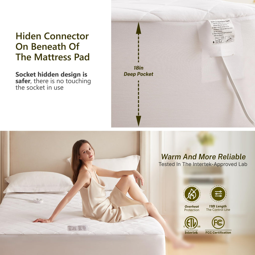 Heated Diamond Quilted Mattress Pad, King Size Dual Control, Soft Bed Warmer, 10 Heat Settings, 1-12 Hours Auto-Off, Fast