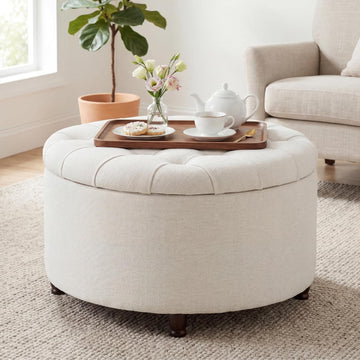 28" Round Storage Ottoman, Tufted Coffee Table,Beige