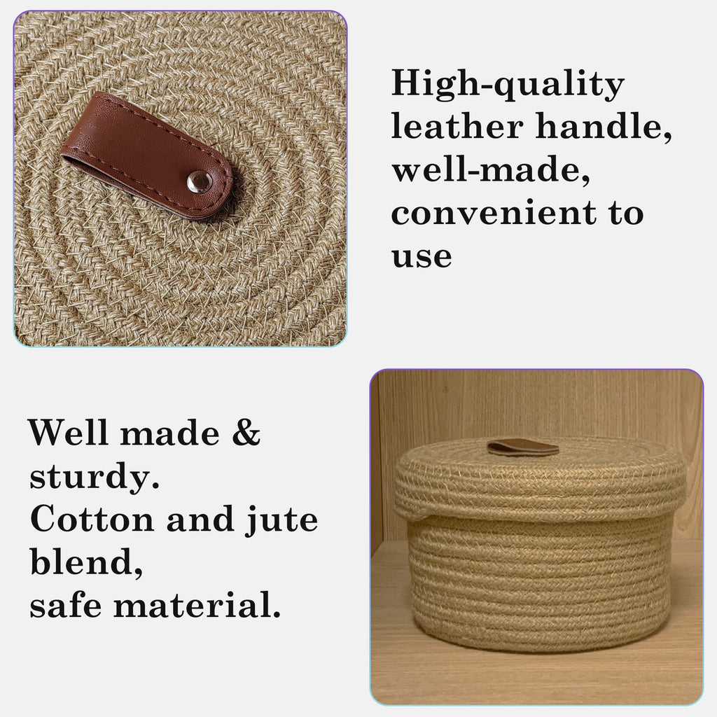 Set of 2 Round Jute Rope Storage Baskets with Lids -Leather Handles- Decorative Woven Organizer Bin, Small Basket