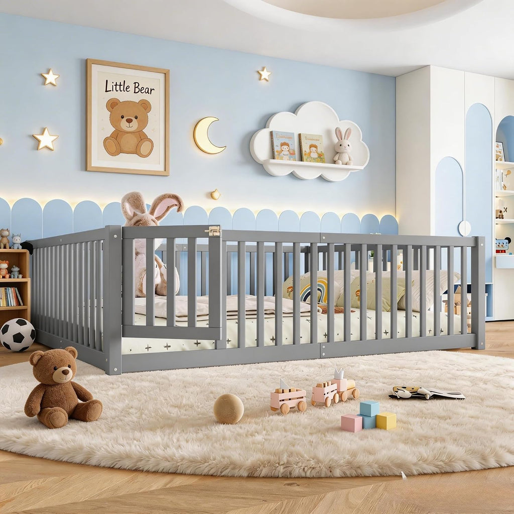 Queen Size Floor Bed with Detachable Door, Wood Kids Floor Bed Queen with Full-length Guardrails, Montessori Floor