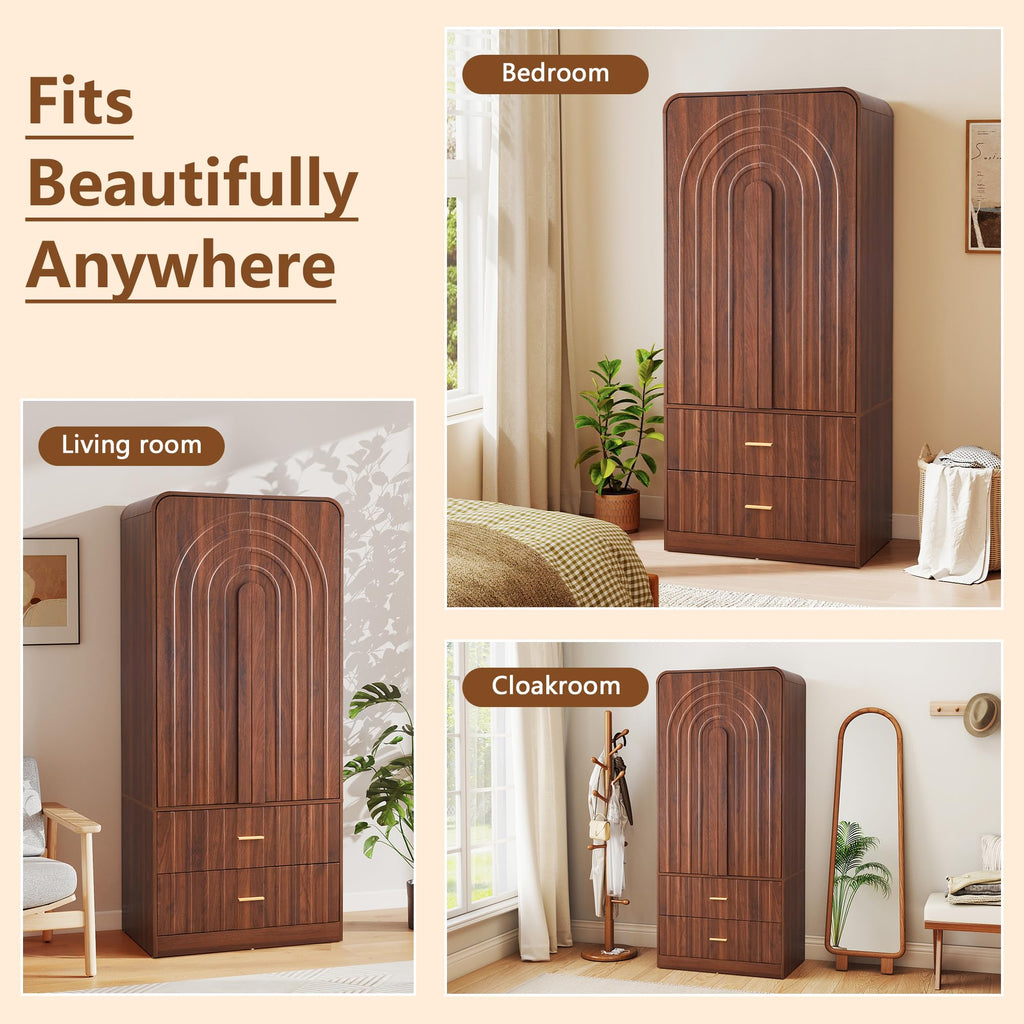 Freestanding Armoire Wardrobe Closet with Arched Fluted 2 Doors and 2 Storage Drawers, Large Capacity Wardrobe