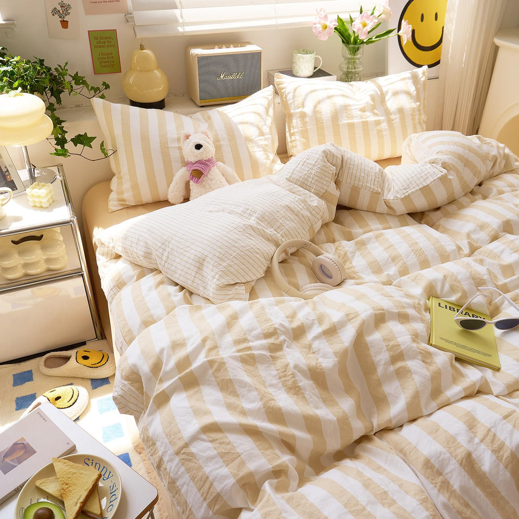 Boho Beige Striped Duvet Cover Soft Washed Microfiber 3-Piece