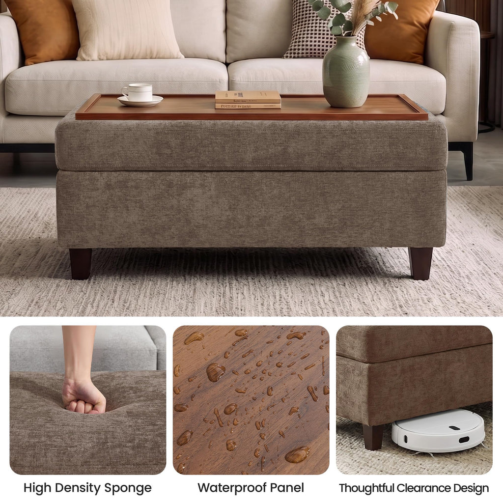 45" Ottoman Coffee Table with Storage, Reversible Wooden Tray Top, Large Storage Ottoman Bench, Chenille Upholstered