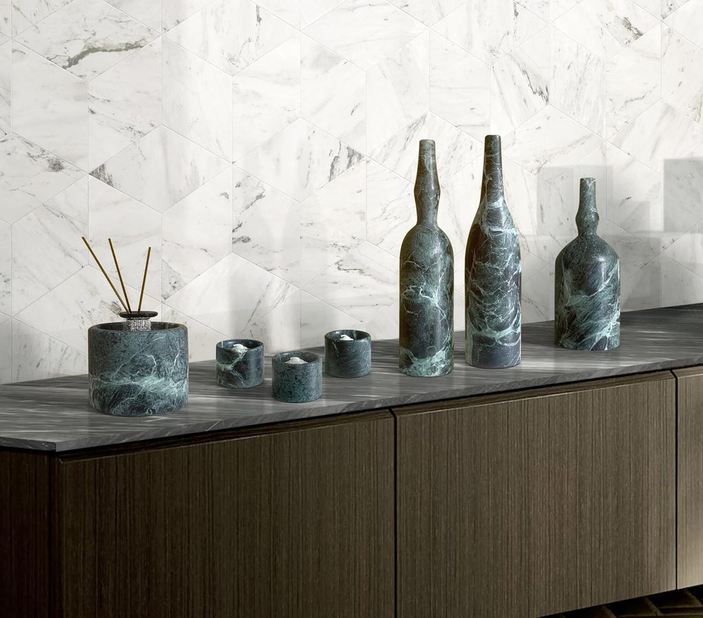Diamond Green Natural Marble Living Room Decor Set Luxury 7-Piece Home Accessories Kit with Real Marble Candle
