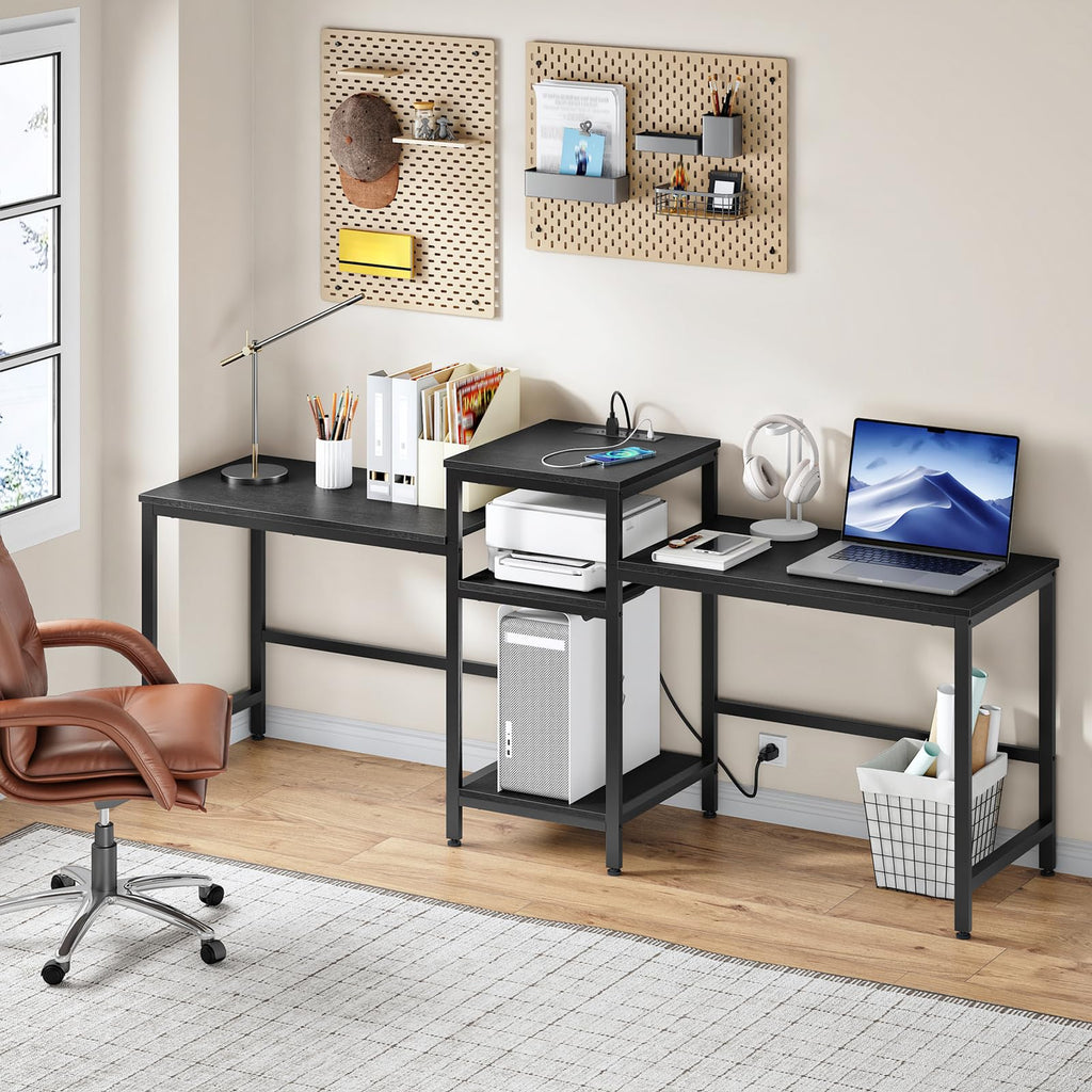 78.7" Two Person Computer Desk with Power Outlet & 3-Tier Shelf, Large Industrial Office Desk with 4 AC Outlets & 2