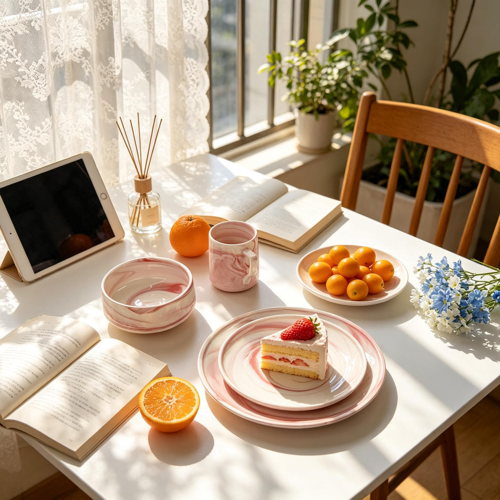 16pc Fine China Dinnerware Set for 4, Artisan Marbled Pink