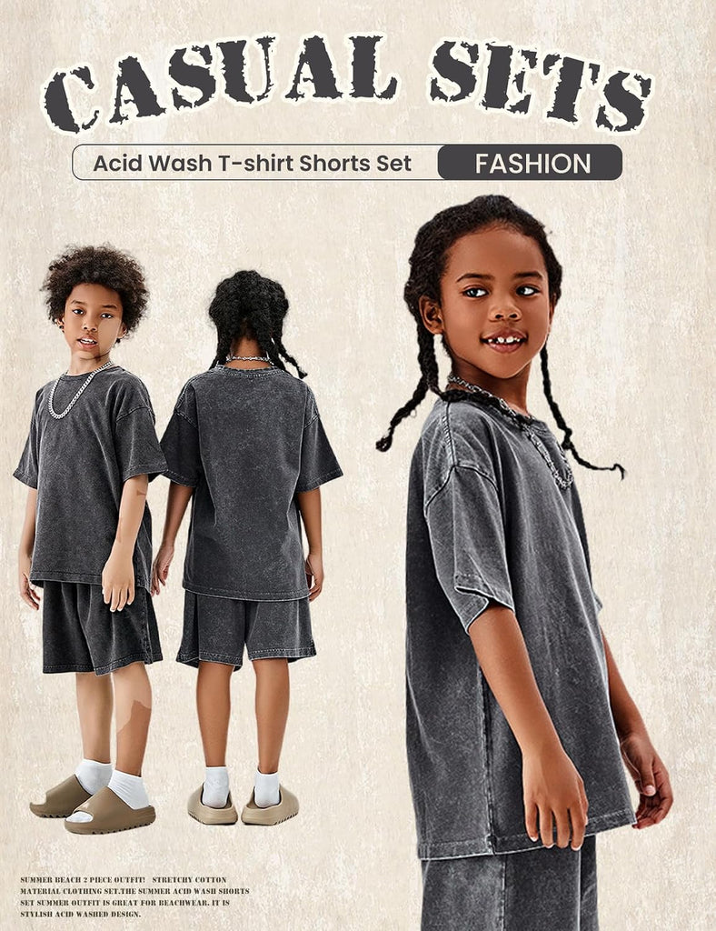 Boys Summer Outfits Acid Wash Short Sets 2 Piece Matching Clothes Set