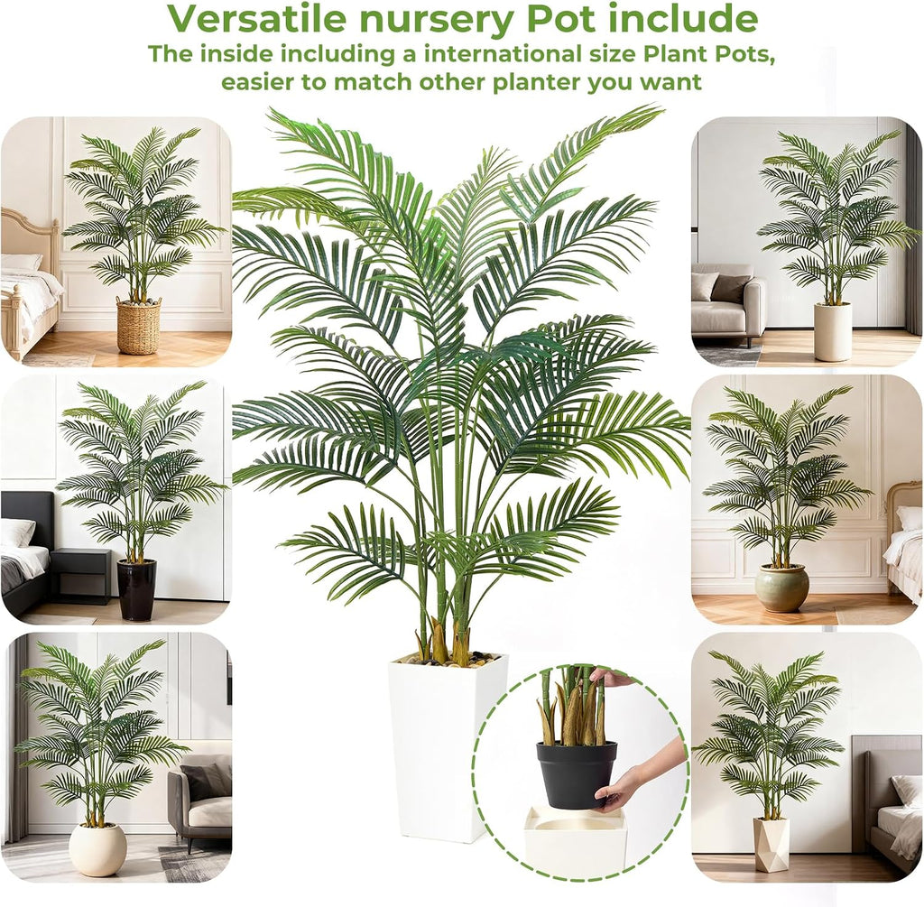 Artificial Palm Trees with Lifelike Natural Trunk, Leaves and Pebbles, 5FT Tall Fake Palm Tree with White Tall