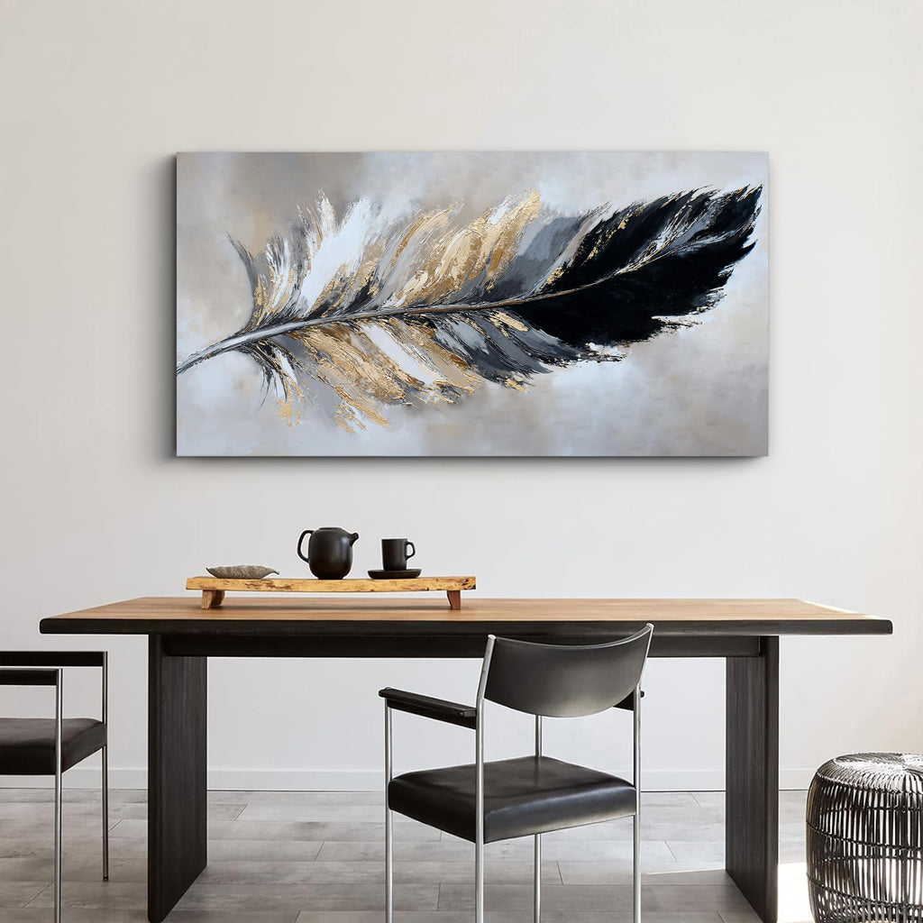 Black Gold Abstract Wall Art Minimalist Feather Canvas 20"X40"