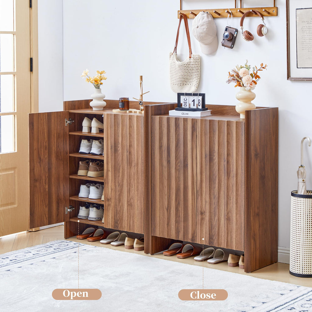 5-Tier Fluted Shoe Cabinet with Doors, Walnut