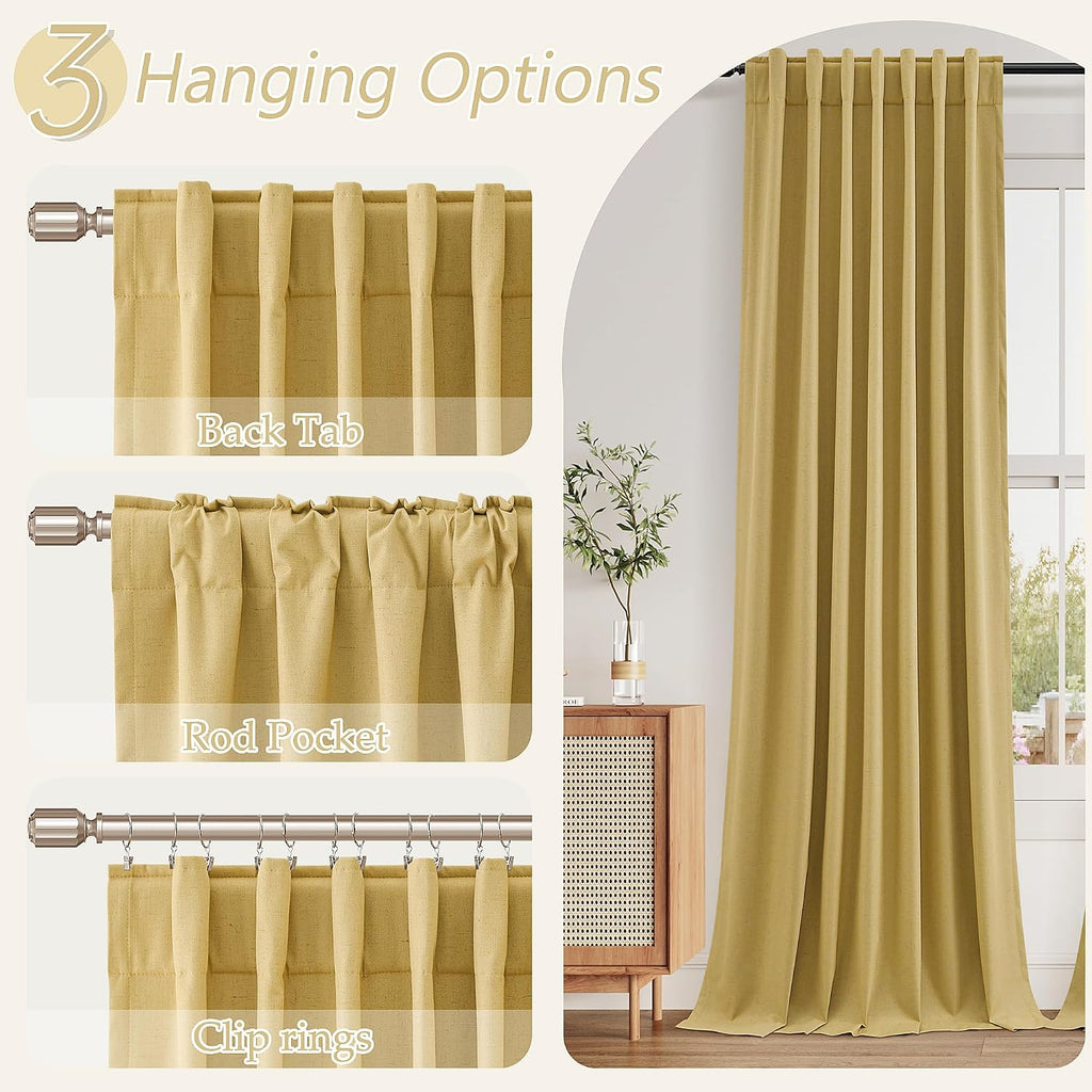 Gold 100% Blackout Linen Curtains 84 Inch Length 2 Panels Set for Living Room Bedroom Back Tab Thermal Insulated