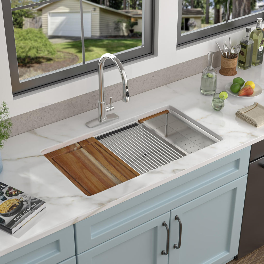 33"x19" White Granite Composite Kitchen Sink Ledge Workstation