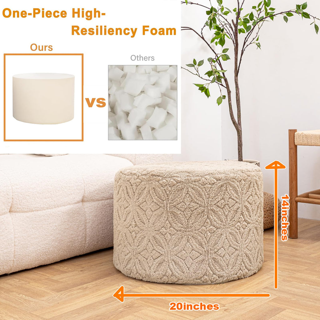 Functional Ottoman Pouf - Ergonomic Ottoman Foot Rest for Couch (Light Coffee, 20x20x14 Inches, Round)