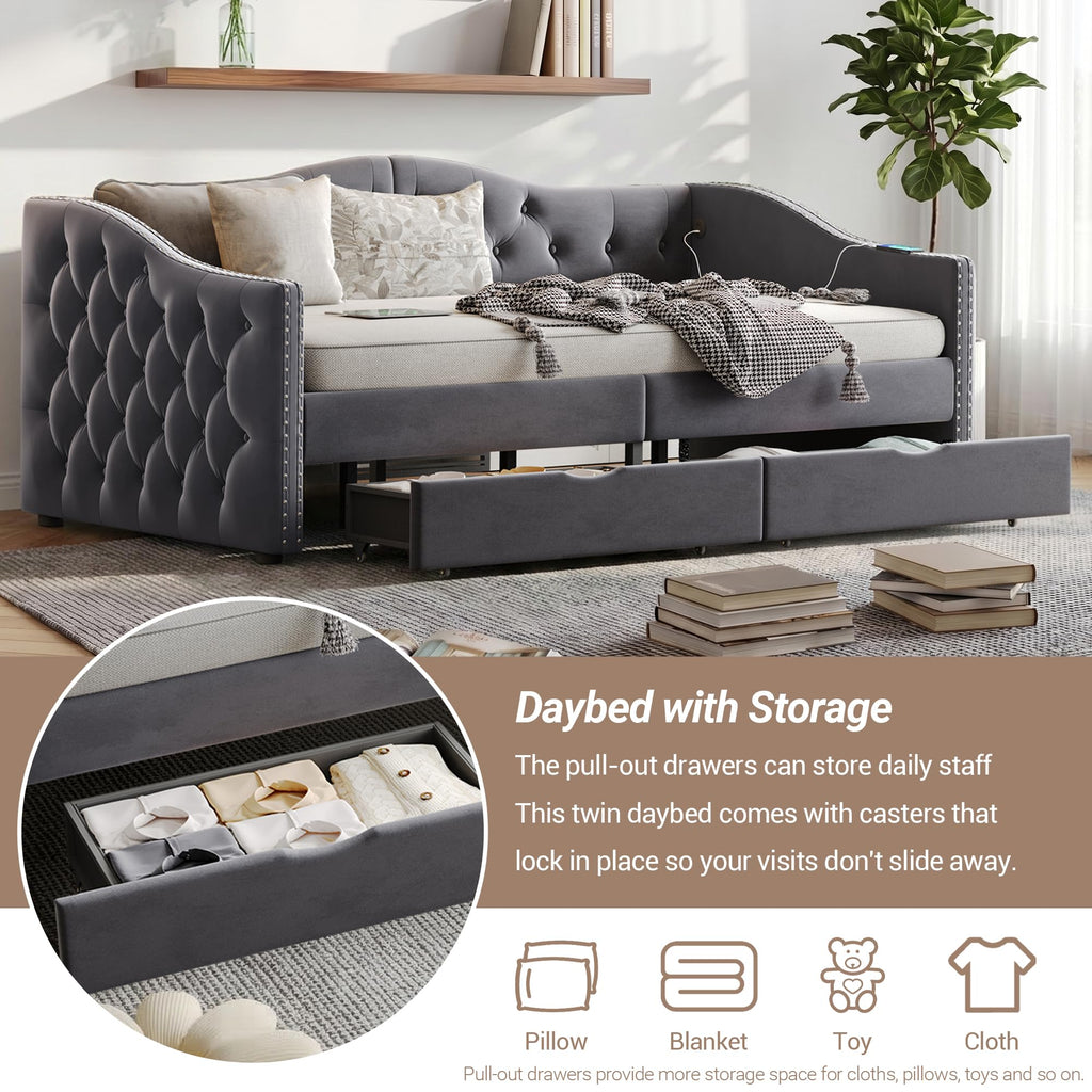 Daybed with Storage Drawers, Full Size Velvet Upholstered Sofa Bedframe w/USB Port, Button Tufted Backrest and