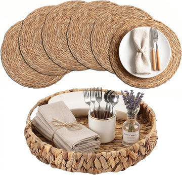 Woven Placemats Set of 6 with Water Hyacinth Storage Basket, Natural Woven Table Mats for Dining Table, Handmade Boho