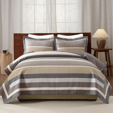 100% Cotton Quilts Quilt Bedding Set Bedspread, Striped Quilt for Bed, 3 Pieces Farmhouse