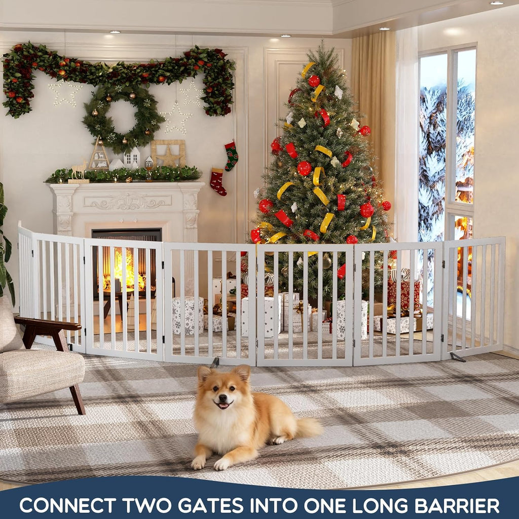 Freestanding Dog Gate Indoor, 75"W X 24"H Bamboo Pet Gate, White