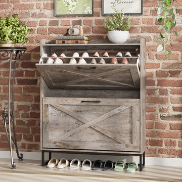 Shoe Storage Cabinet with 2 Flip Drawers, Freestanding Organizer with Metal Legs, Narrow Shoe Rack Cabinet, Light