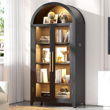 Arched Display Cabinet with Glass Doors and LED Light, 71" Tall | 5 Tier Curio China Cabinet, Adjustable Shelf