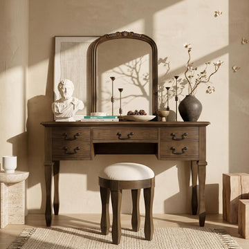 46" Vintage Vanity Desk with Curved Flower Frame Mirror, Wood Dressing Table with Storage, 5 Drawers, Makeup Vanity