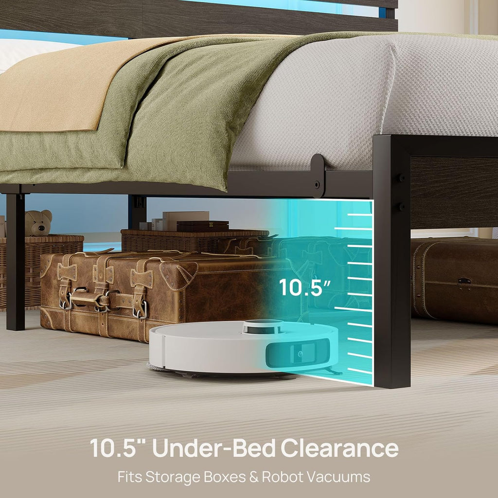 Full Bed Frame with USB Charging Station, LED Bed Frame with Wood Storage Headboard