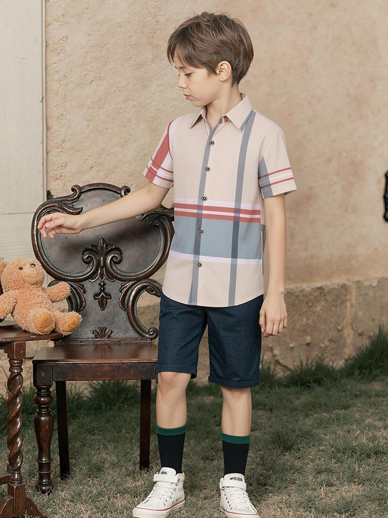 Boys Button Down Shirt Short Sleeve Plaid Stretch Dress Shirt