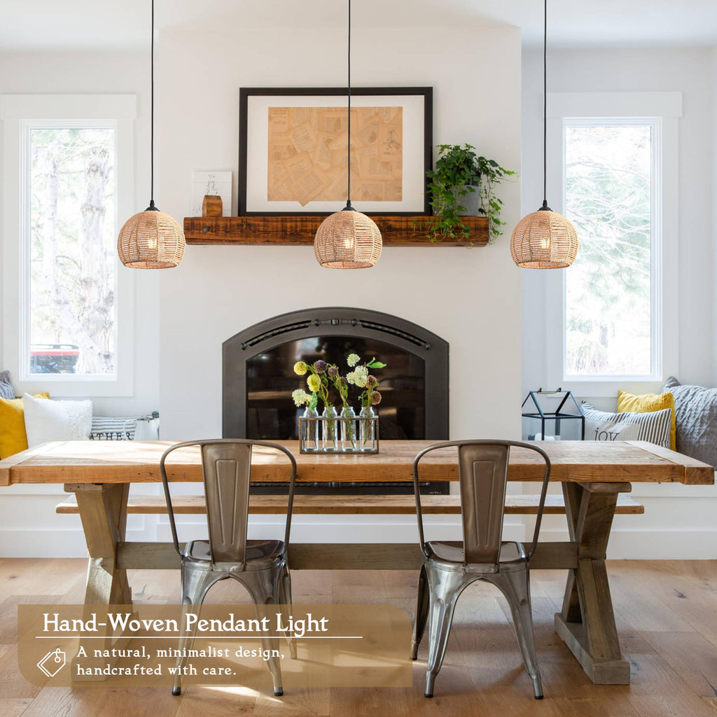 3 Pack Wicker Pendant Light Natural Boho Chandelier Light Fixture Dome Rustic Farmhouse Pendant Lights Rattan Light