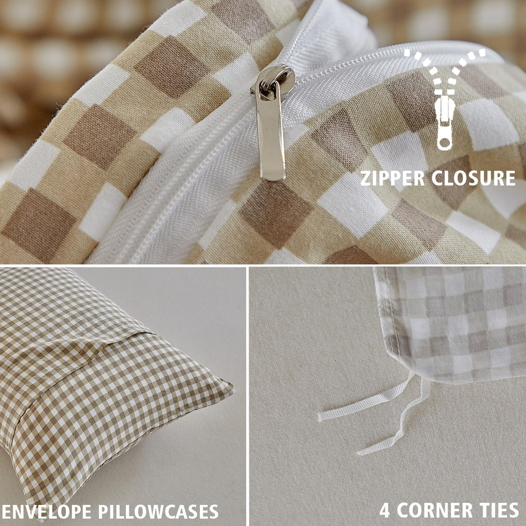 Grid King Duvet Cover Set - Tan Gingham Washed Microfiber Comforter Cover Set, 3 Pieces Plaid Checkered Soft