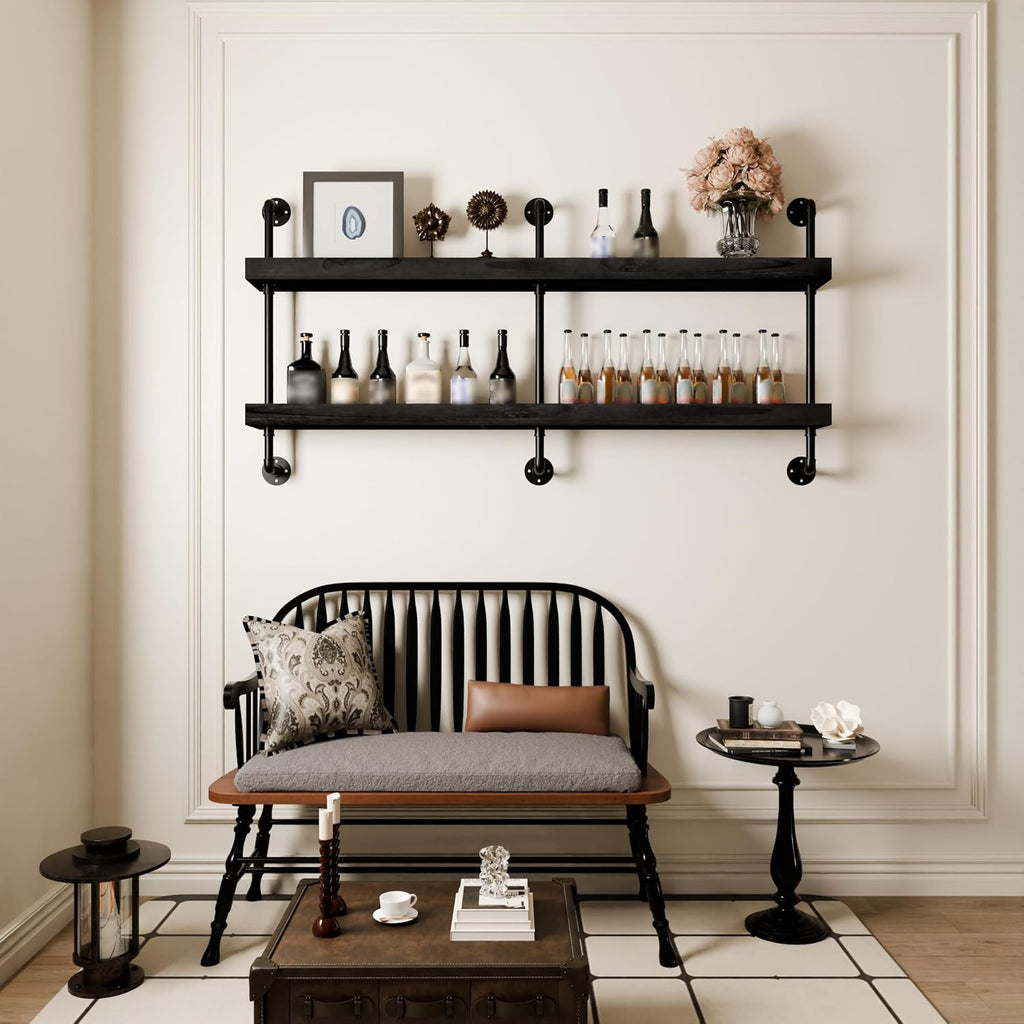 Bar Shelves, Wall Mounted Wine Rack, Black, 60 Inch | 2 Tier, Industrial style, Solid pine shelves, black pipe
