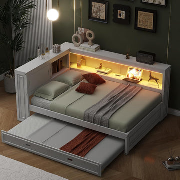 Full Size Corner Daybed with Trundle and Storage, White | L-Shaped Corner Bed with Bookcase, LED Lights & USB Ports
