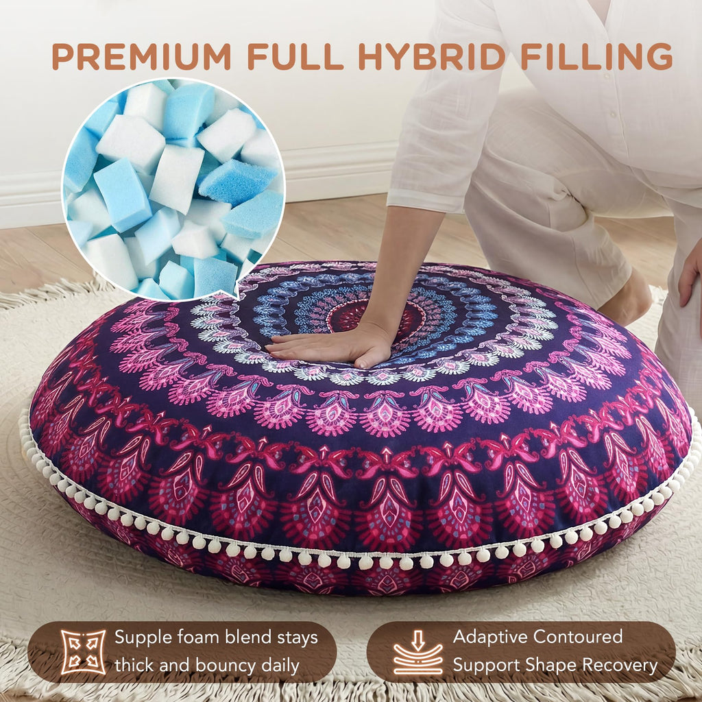 32 Inch Round Floor Pillow, Large Meditation Pouf Cushion, Memory Foam Stuffer Circle Throw Pillows - (Purple