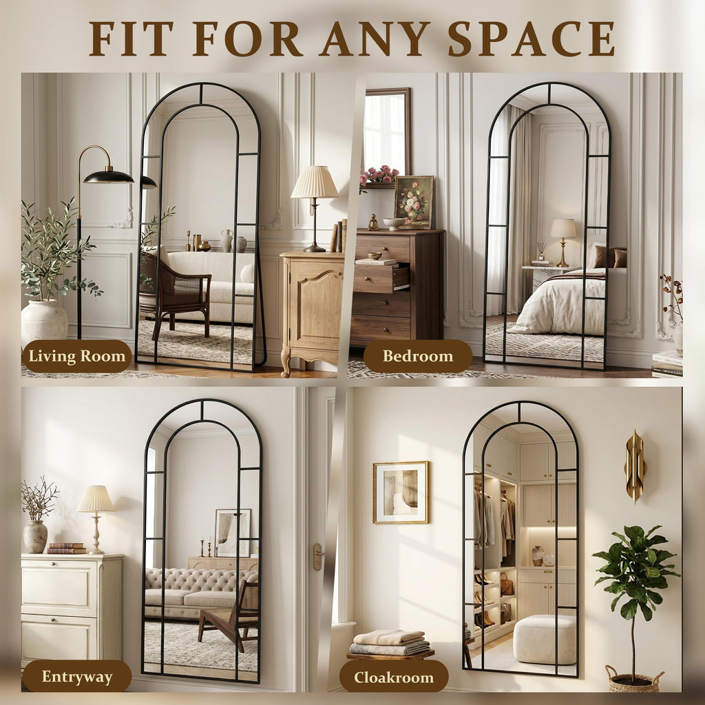 71" x 32" Arched Full Length Floor Mirror, Farmhouse Window Pane Mirror with Metal Frame, Decorative Leaning or Wall