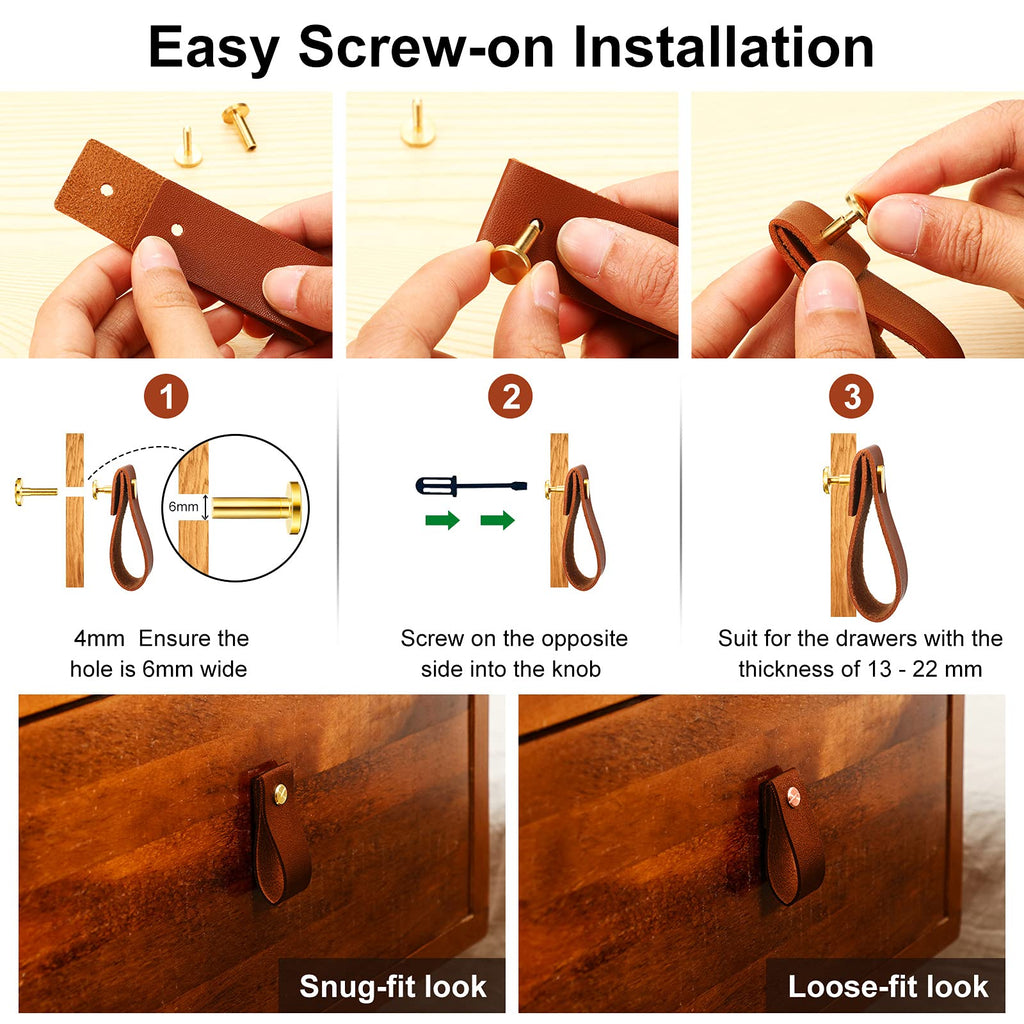 24 Pack Leather Drawer Pulls, Cabinet Handle with Screws, Gold,Brown