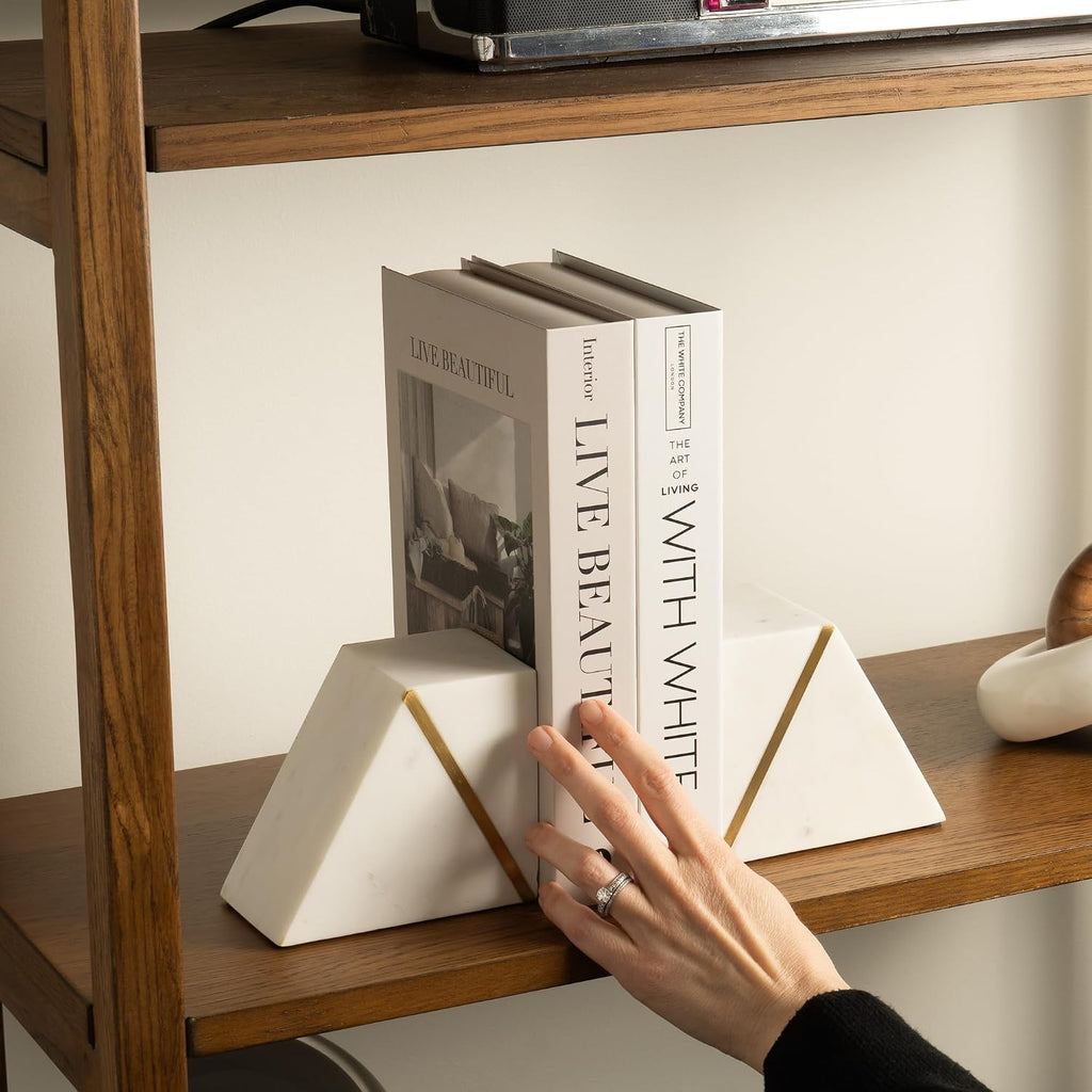 White Marble Bookends with Gold Brass, White, Set of 2 | Heavy Book Ends for Shelves, Solid Stone Bookshelf Decor