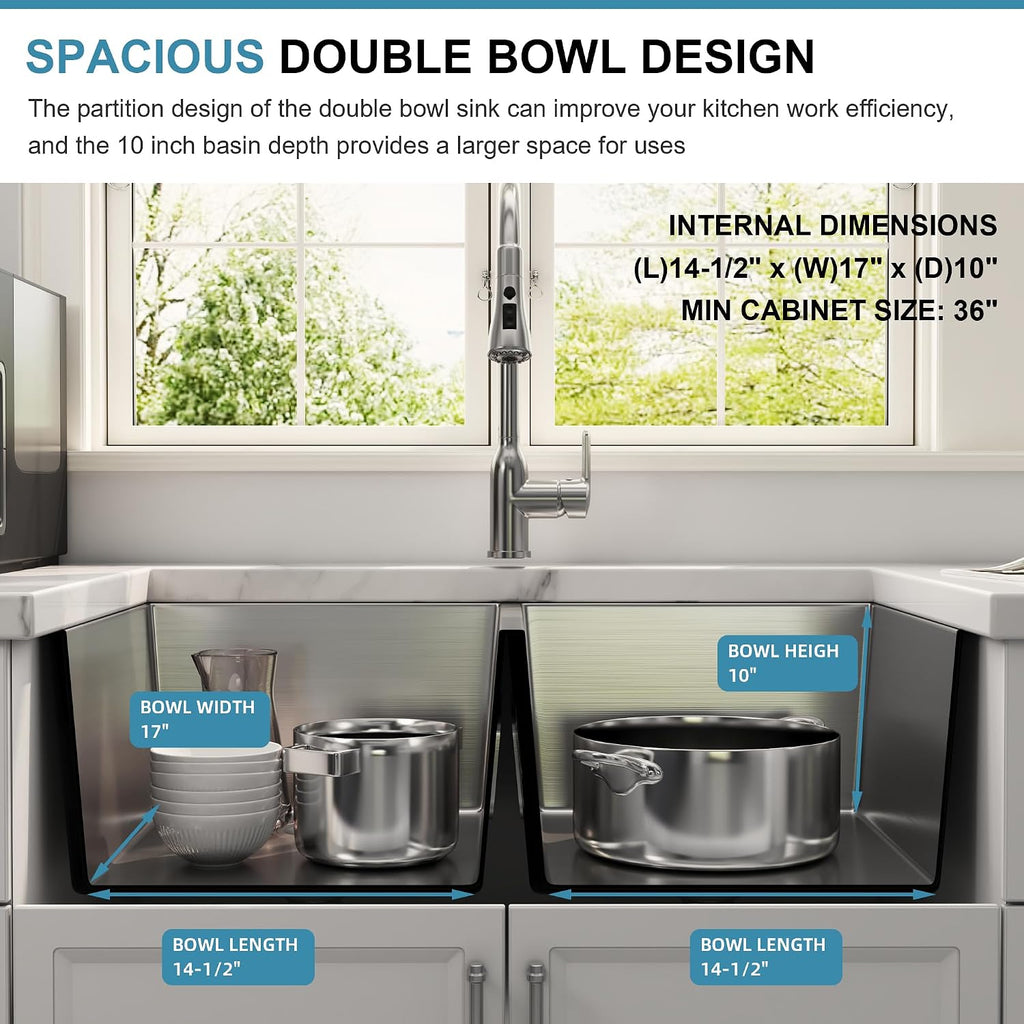 32 Inch Undermount Handmade 50/50 Double Bowl Kitchen Sink | 16 Gauge Thickness, 304 Stainless Steel, Brushed Satin