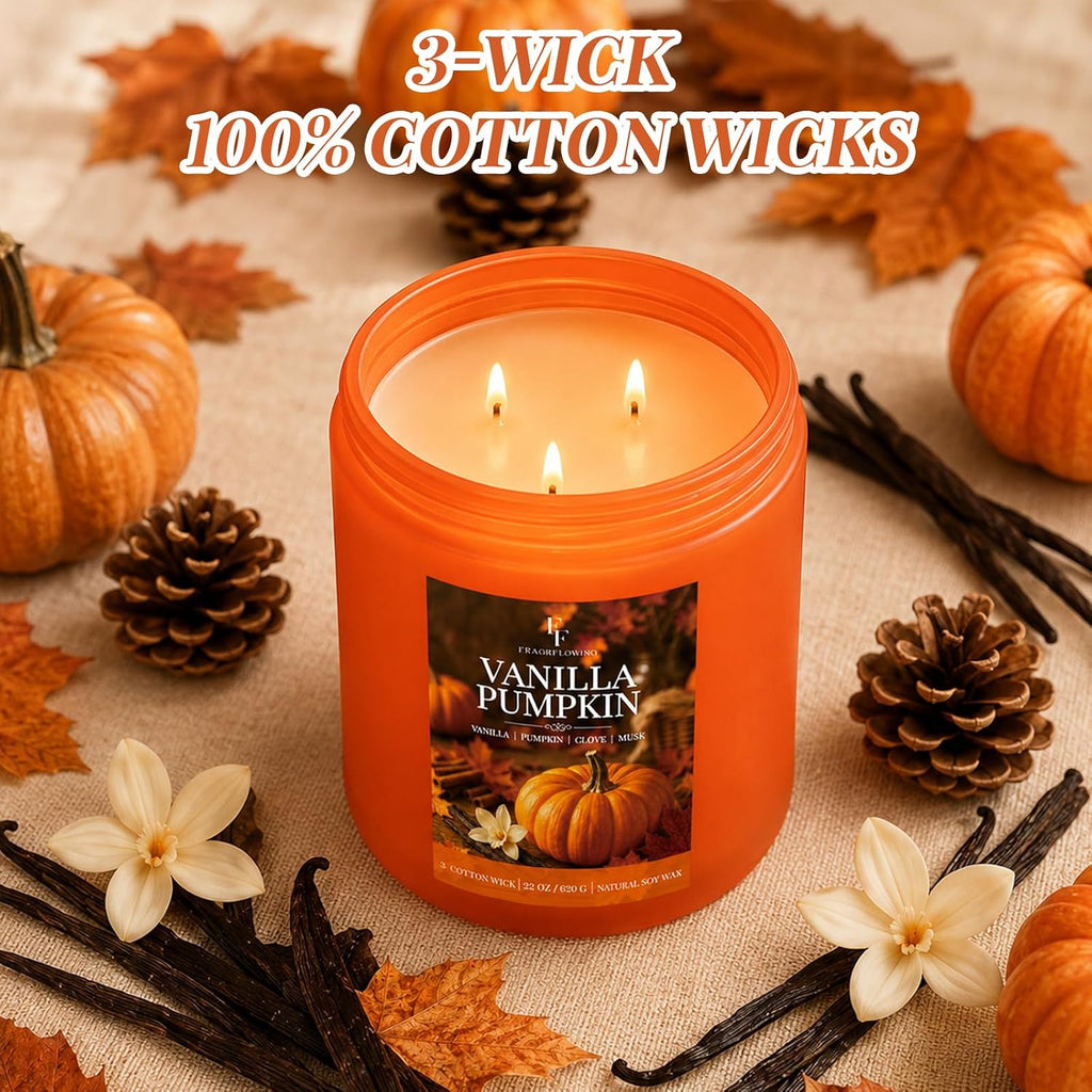 Large Fall Candle Vanilla Pumpkin Scented, 3-Wick 22oz Long Lasting - Set of 22