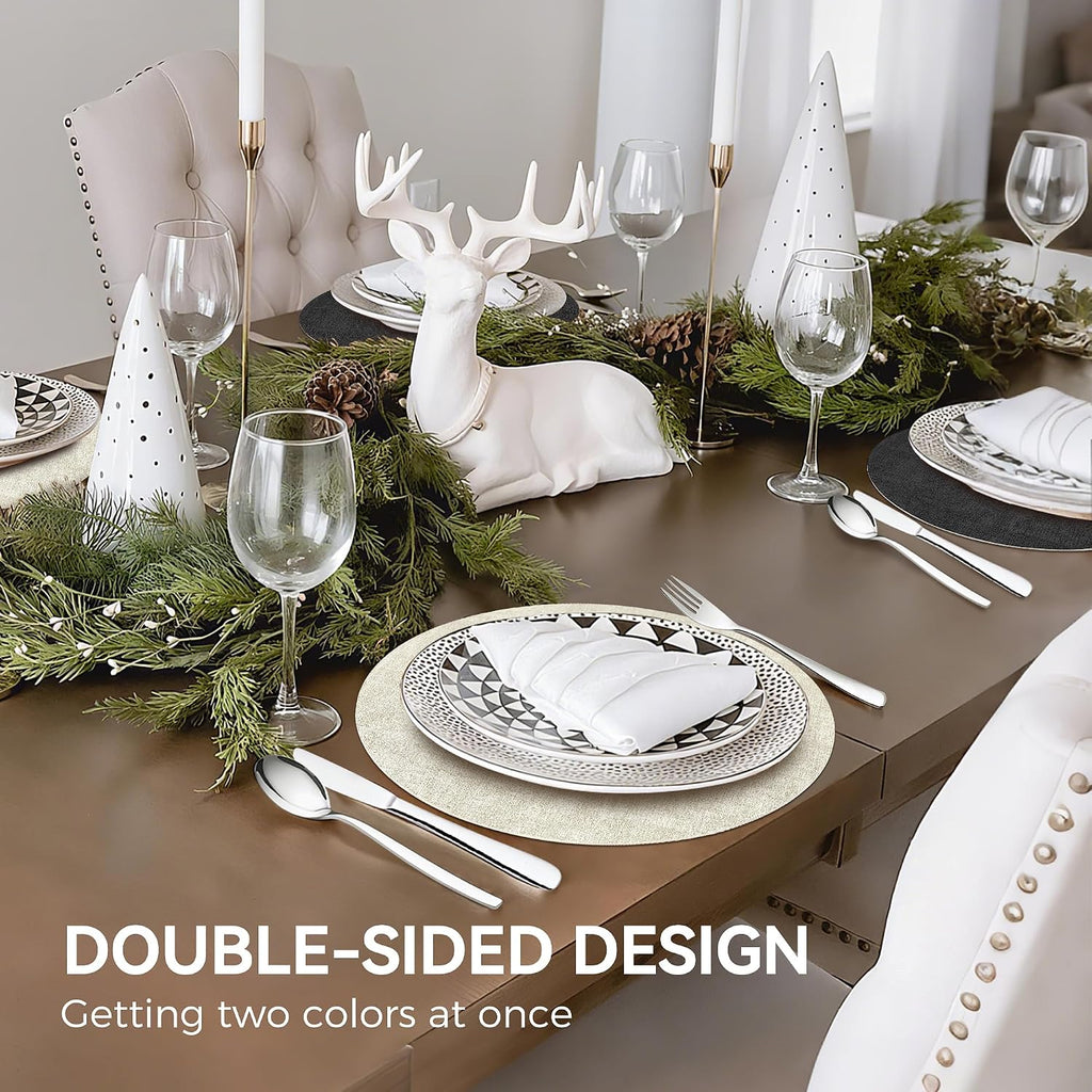 13" Faux Leather Round Placemats, Reversible Dual-Color - Set of 4