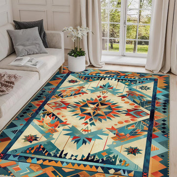Aztec Rug Western Area Rug Southwestern Tribal Orange Blue Bedroom Ultra-Thin Soft Low Pile Large Carpet Living