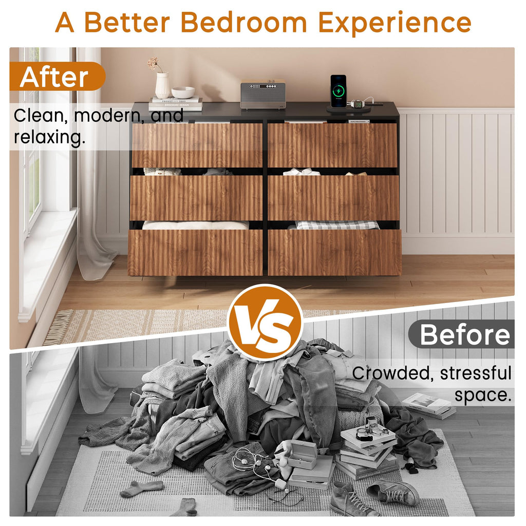 Fluted 6-Drawer Bedroom Dresser with Power Outlets & USB Ports, Modern Handleless Design in White, Oak, Black &