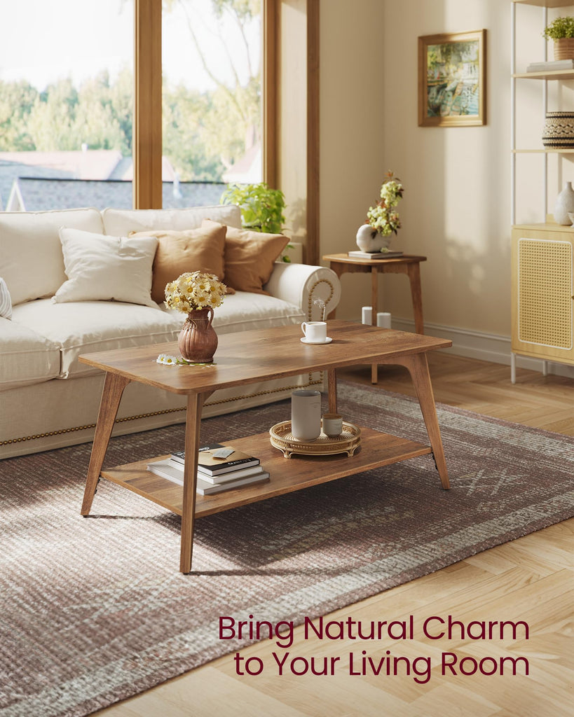 Coffee Table, 2-Tier Center Table with Storage, Tapered Legs
