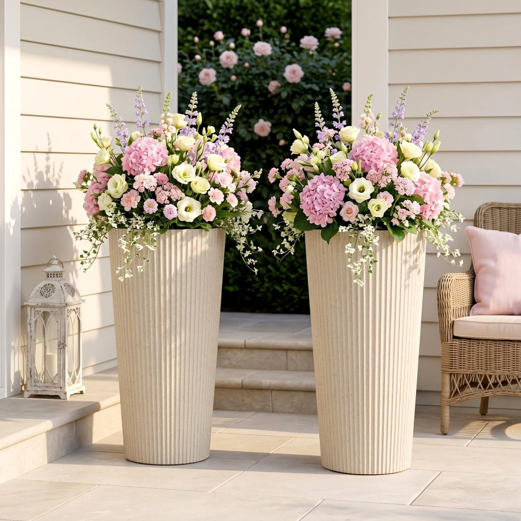 24" Tall Planters for Outdoor Plants with Insert, Set of 2 Cream