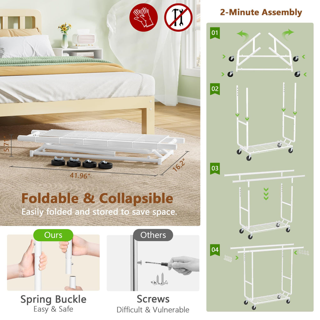 2-Minute Assembly Double Rod Clothes Rack, Heavy Duty Rolling Clothing Racks with Wheels, Foldable Commercial Garment