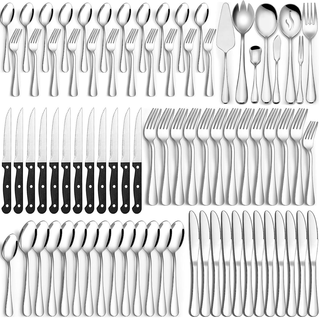 80 Pieces Silverware Set with Serving Utensils Set, Stainless Steel Flatware Set for 12 with Steak Knives